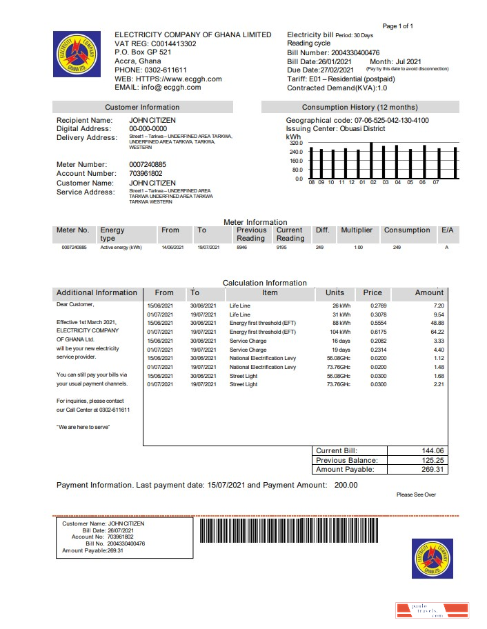 Ghana Electricity Company of Ghana utility bill